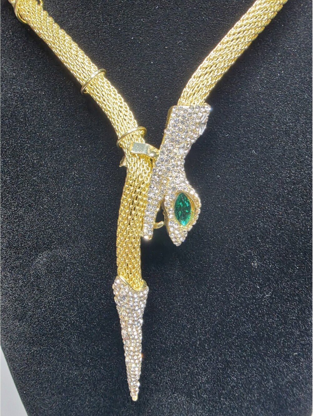 Gold Tone Mesh Rhinestone Snake Choker Collar Necklace Green Eyes 37" with box